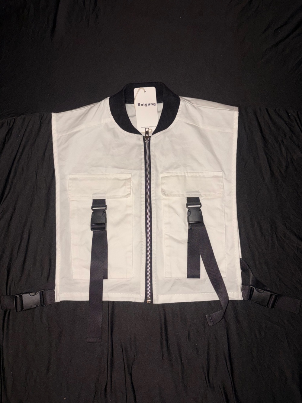 White Utility Vest with Black Strap Details